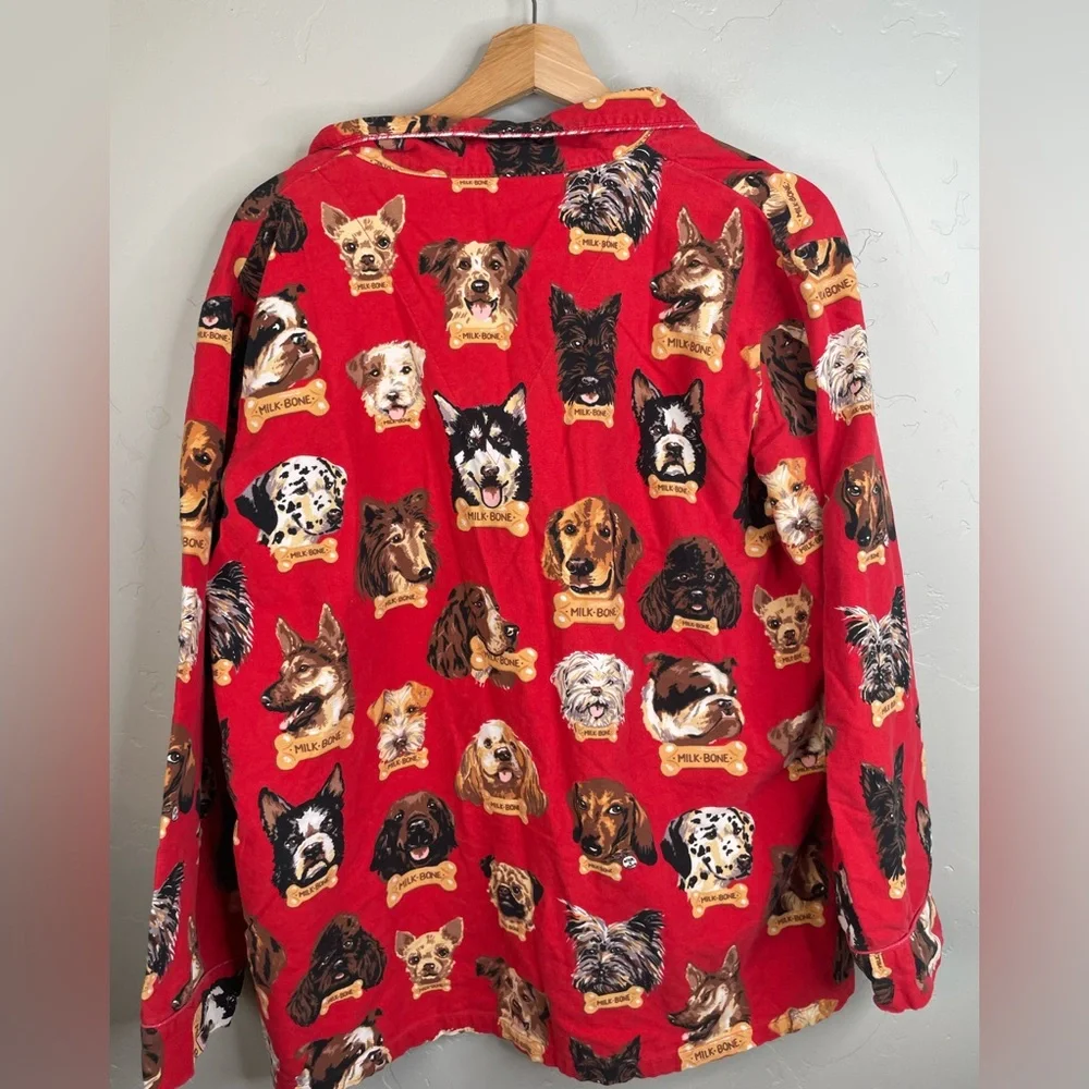 Nick & Nora Pajama Top Red Milk Bone Dogs Button Up Flannel PJs Size Small - Picture 2 of 6